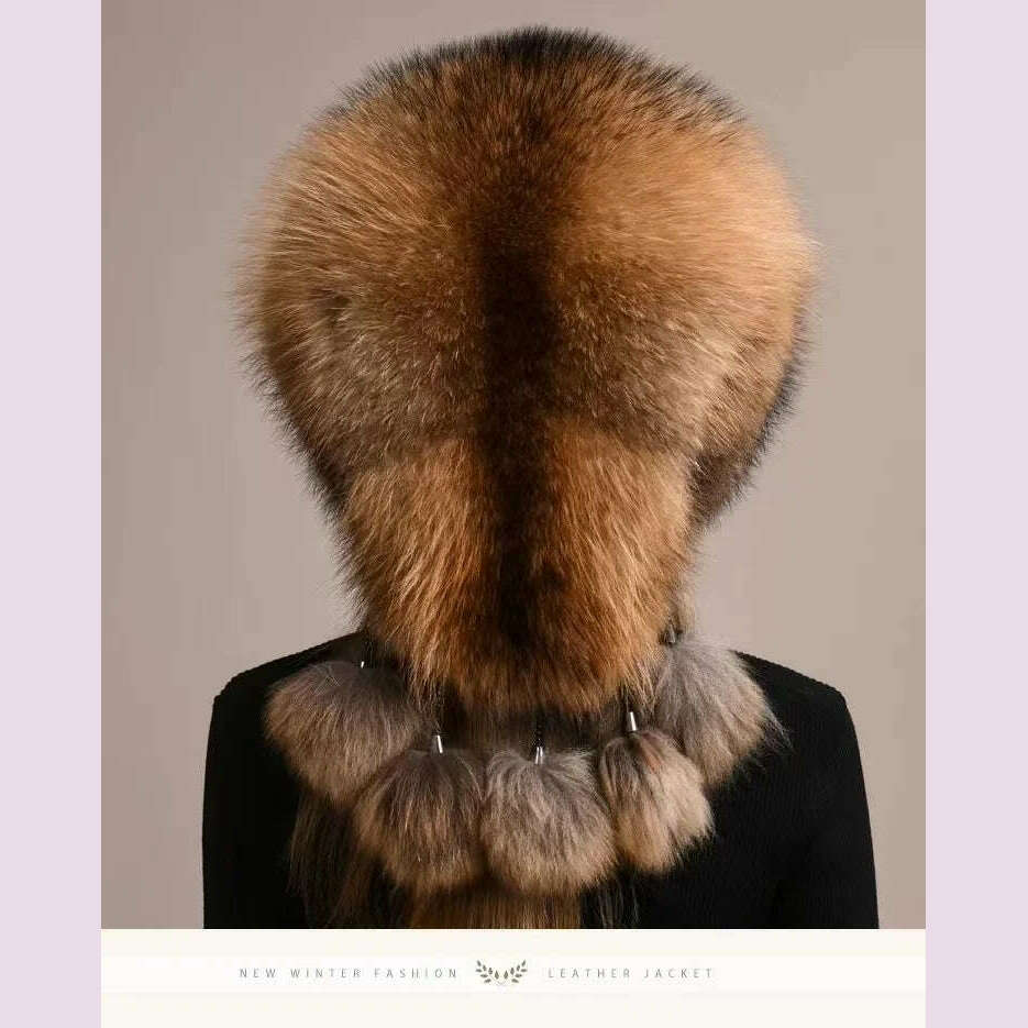 Real Fox Fur Hat For Women Winter Thickened Warm Natural Fur Princess Hat Adjustable Russians Cap Real Raccoon Fur Bomber Caps