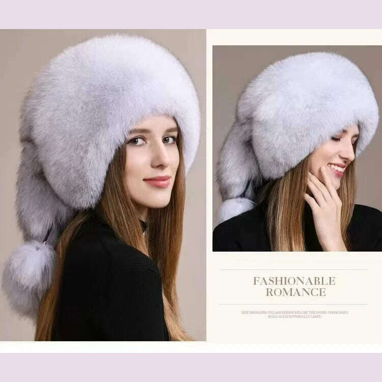Real Fox Fur Hat For Women Winter Thickened Warm Natural Fur Princess Hat Adjustable Russians Cap Real Raccoon Fur Bomber Caps