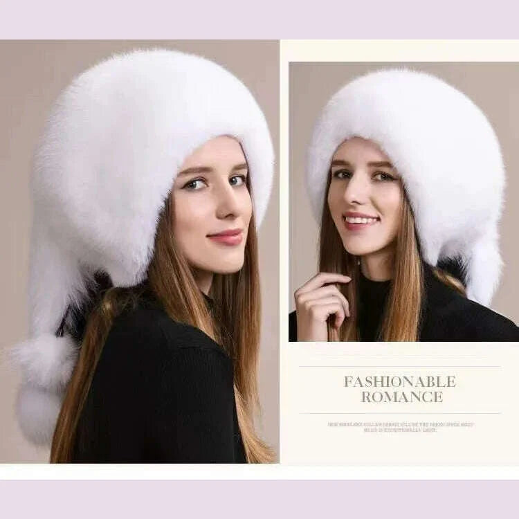 Real Fox Fur Hat For Women Winter Thickened Warm Natural Fur Princess Hat Adjustable Russians Cap Real Raccoon Fur Bomber Caps