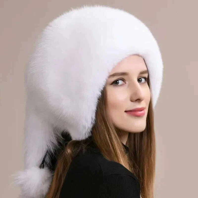 Real Fox Fur Hat For Women Winter Thickened Warm Natural Fur Princess Hat Adjustable Russians Cap Real Raccoon Fur Bomber Caps