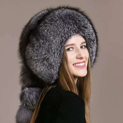 Real Fox Fur Hat For Women Winter Thickened Warm Natural Fur Princess Hat Adjustable Russians Cap Real Raccoon Fur Bomber Caps