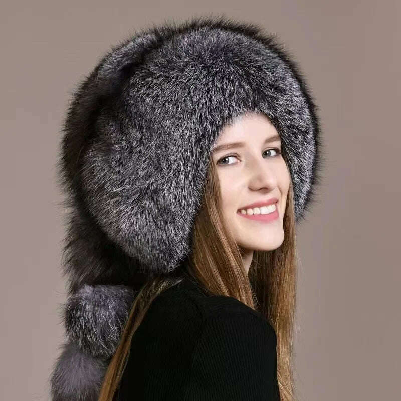 Real Fox Fur Hat For Women Winter Thickened Warm Natural Fur Princess Hat Adjustable Russians Cap Real Raccoon Fur Bomber Caps