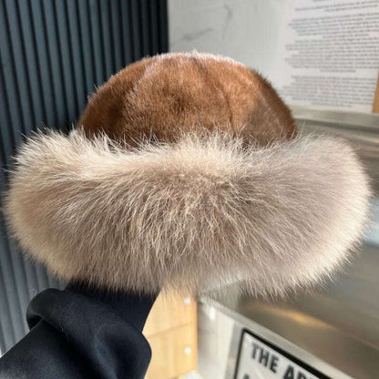 Real Mink Fur Hat For Women Winter Natural Mink Fur Hat With Fox Fur Brim Female Fashion Fisherman Hat Thicked Fur Bomber Hats