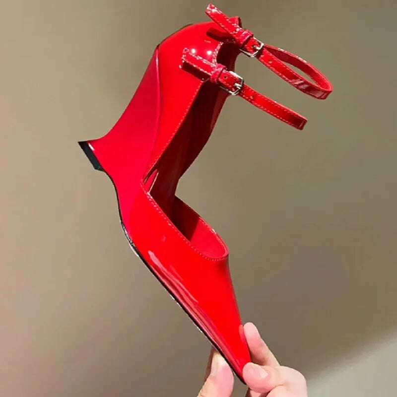 Red Cherry Wedge High Heels 2024 Pointed Toe Sexy Fashion Mary Jane Pumps Old Money Shoes For Women Ladies