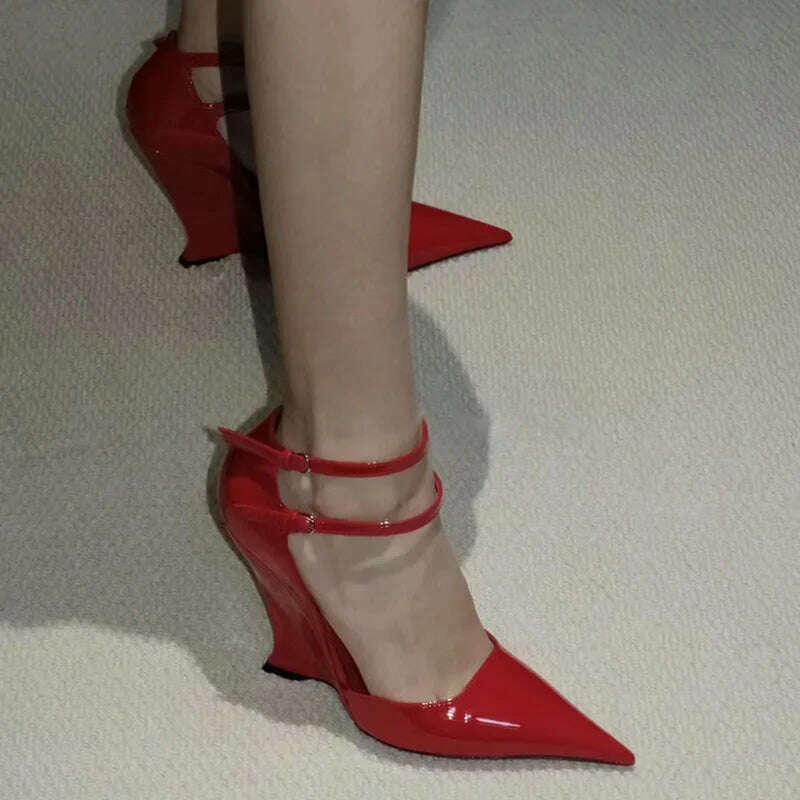 Red Cherry Wedge High Heels 2024 Pointed Toe Sexy Fashion Mary Jane Pumps Old Money Shoes For Women Ladies