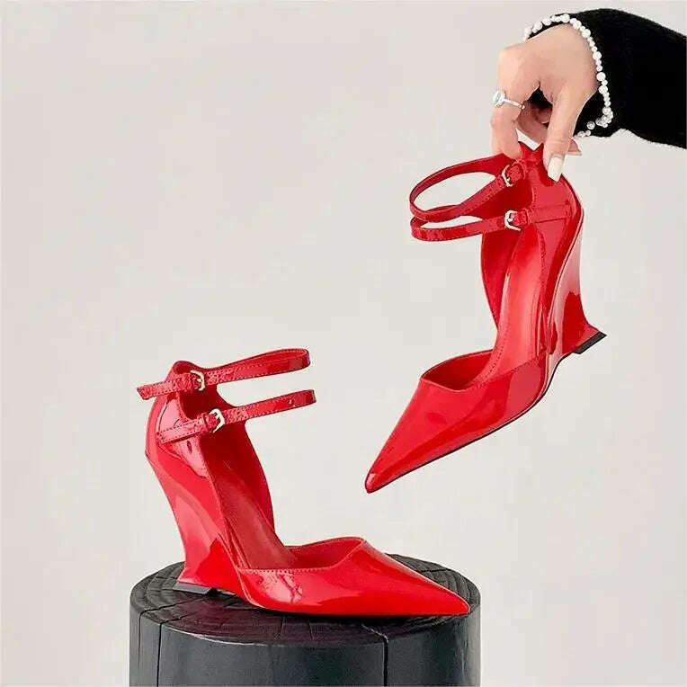 Red Cherry Wedge High Heels 2024 Pointed Toe Sexy Fashion Mary Jane Pumps Old Money Shoes For Women Ladies