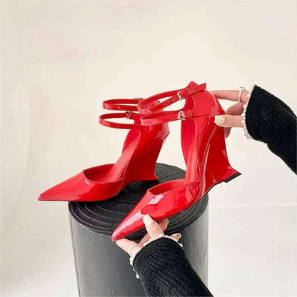 Red Cherry Wedge High Heels 2024 Pointed Toe Sexy Fashion Mary Jane Pumps Old Money Shoes For Women Ladies