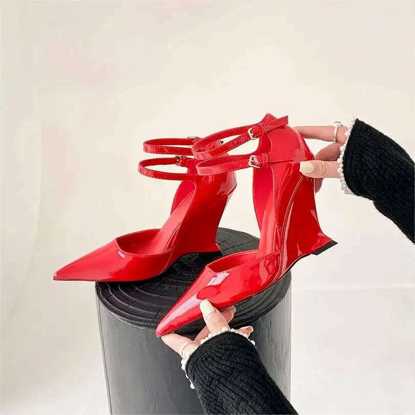 Red Cherry Wedge High Heels 2024 Pointed Toe Sexy Fashion Mary Jane Pumps Old Money Shoes For Women Ladies
