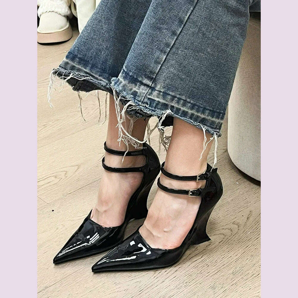 Red Cherry Wedge High Heels 2024 Pointed Toe Sexy Fashion Mary Jane Pumps Old Money Shoes For Women Ladies
