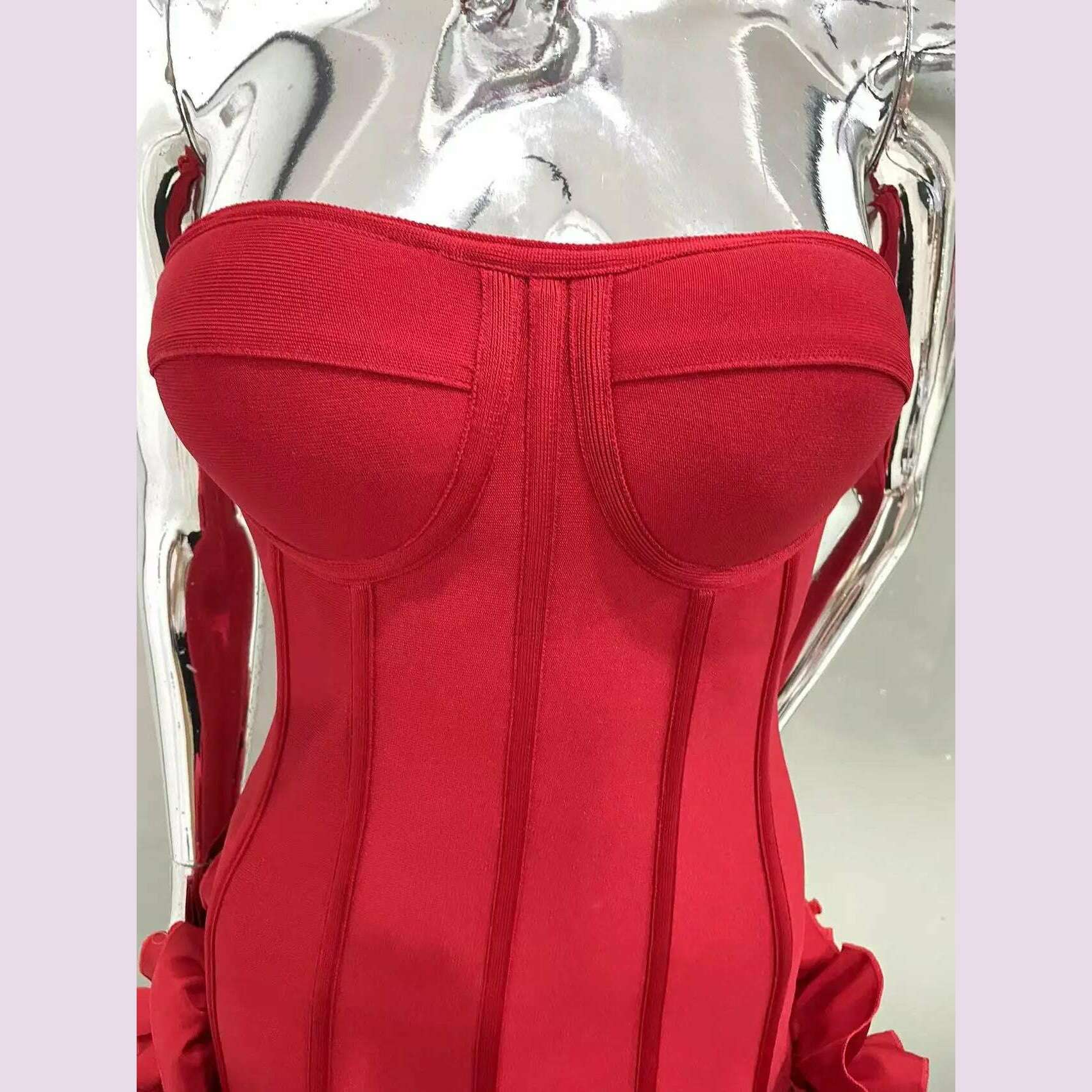 Red Color Women Sexy Strapless Ball Gown Mini Fashion Celebrity Nightclub Party Dress Birthday Cocktail Girls' Outfit