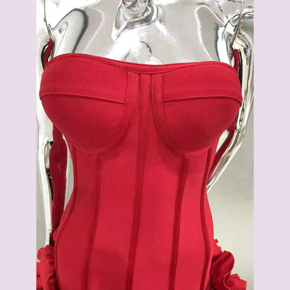 Red Color Women Sexy Strapless Ball Gown Mini Fashion Celebrity Nightclub Party Dress Birthday Cocktail Girls' Outfit