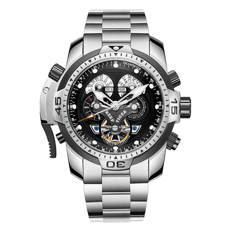 Reef Tiger/RT Designer Sport Mens Watch with Perpetual Calendar Date Day Complicated Blue Dial Mechanical Bracelet Watch RGA3503