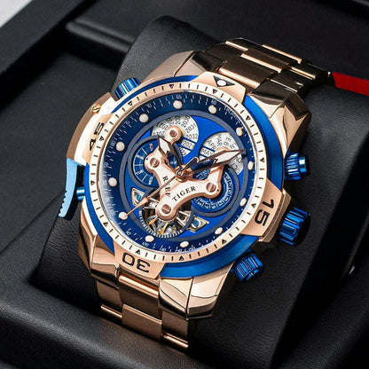 Reef Tiger/RT Designer Sport Mens Watch with Perpetual Calendar Date Day Complicated Blue Dial Mechanical Bracelet Watch RGA3503
