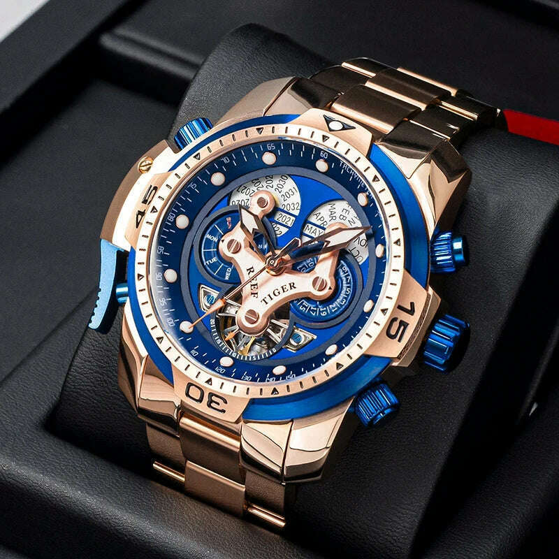 Reef Tiger/RT Designer Sport Mens Watch with Perpetual Calendar Date Day Complicated Blue Dial Mechanical Bracelet Watch RGA3503