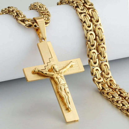 Religious Men Stainless Steel Crucifix Cross Pendant Necklace Heavy Byzantine Chain Necklaces Jesus Christ Holy Jewelry Gifts