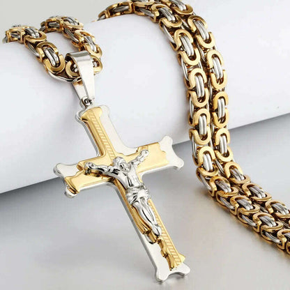 Religious Men Stainless Steel Crucifix Cross Pendant Necklace Heavy Byzantine Chain Necklaces Jesus Christ Holy Jewelry Gifts