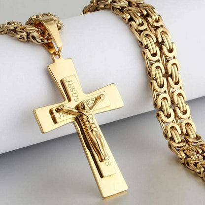 Religious Men Stainless Steel Crucifix Cross Pendant Necklace Heavy Byzantine Chain Necklaces Jesus Christ Holy Jewelry Gifts
