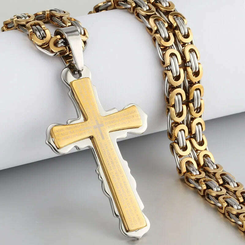 Religious Men Stainless Steel Crucifix Cross Pendant Necklace Heavy Byzantine Chain Necklaces Jesus Christ Holy Jewelry Gifts