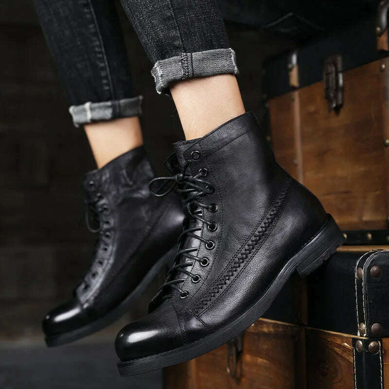 Retro Men Boots Handmade Toe Polish Men Ankle Boots Casual Leather High-top Shoes Platform Motorcycle Booties New Bota Masculina
