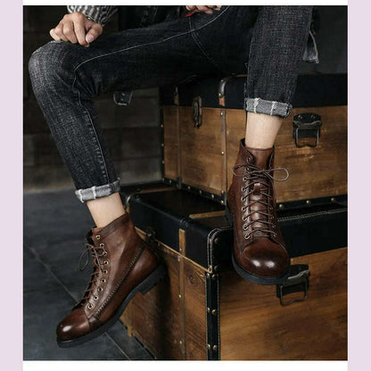 Retro Men Boots Handmade Toe Polish Men Ankle Boots Casual Leather High-top Shoes Platform Motorcycle Booties New Bota Masculina