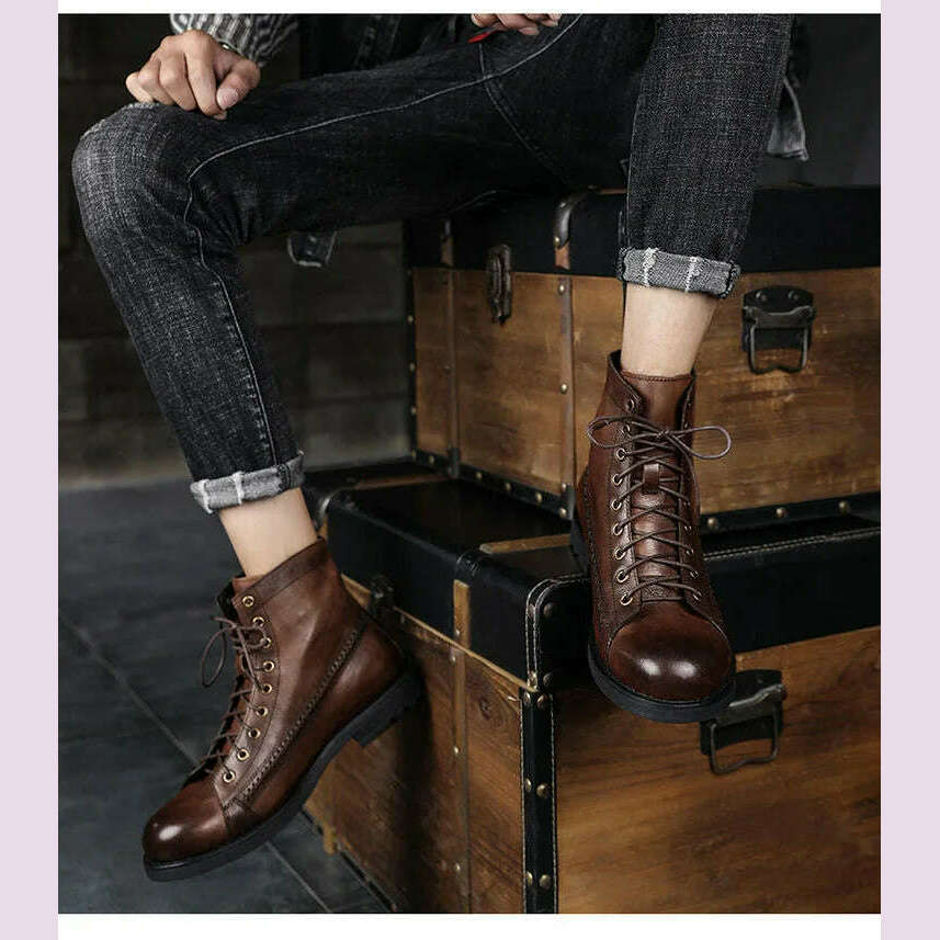 Retro Men Boots Handmade Toe Polish Men Ankle Boots Casual Leather High-top Shoes Platform Motorcycle Booties New Bota Masculina