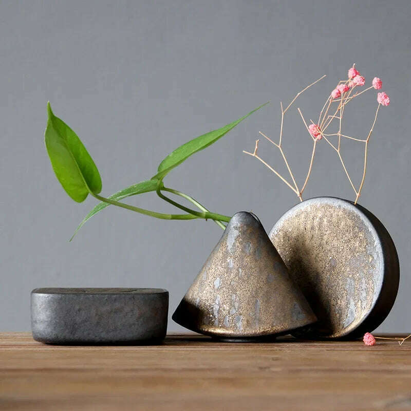 Retro Tea Ceremony Flower Ware Rough Pottery Vase Ornaments Zen Flower Arrangement Decorative Ceramic Tabletop Vase Ornaments