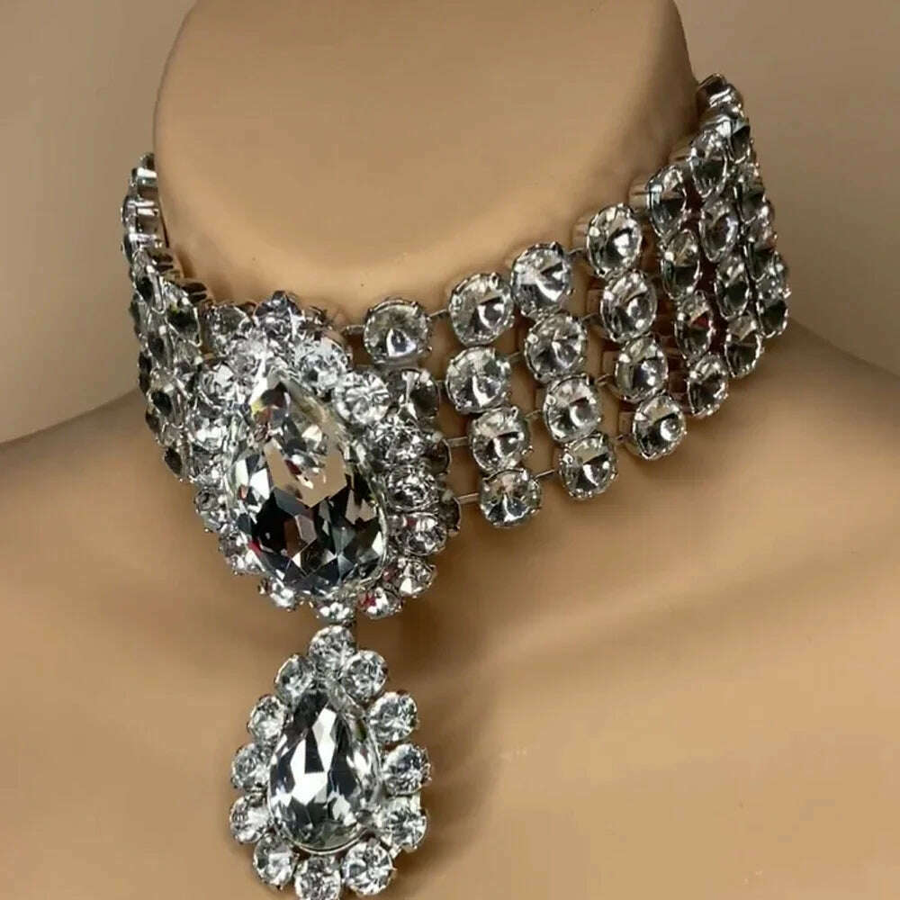 Rhinestone Multilayered Large Water Drop Dangle Necklace for Women Exaggerated Party Queen Necklace Jewelry Accessories Gifts