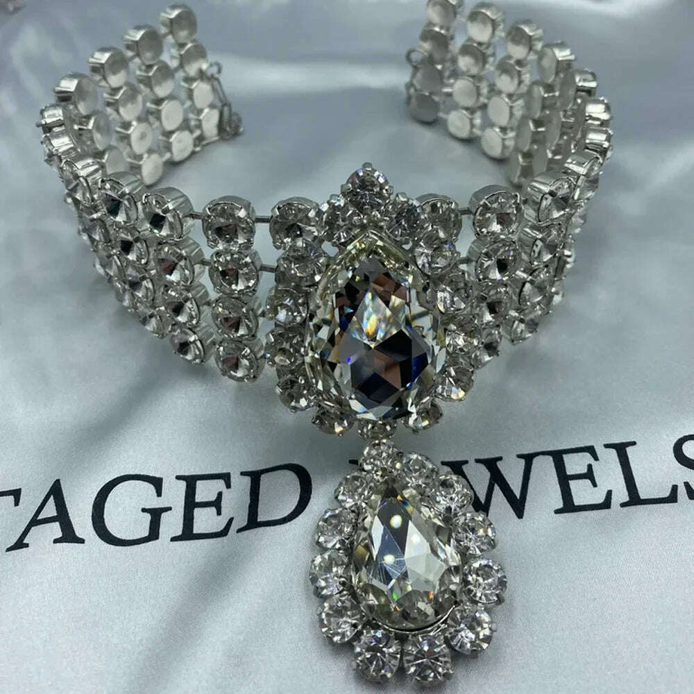 Rhinestone Multilayered Large Water Drop Dangle Necklace for Women Exaggerated Party Queen Necklace Jewelry Accessories Gifts