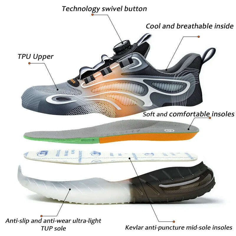 Rotating Buckle for Safety Shoes Men's Work Boot Breathable Light Steel Toe  Protective Sneakers Welted Business Security Shoes