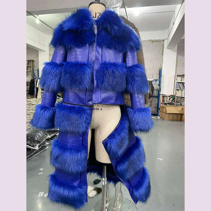 RR2831 Two Ways Wear Long Faux Fur Coats Women Stand Fur Collar Long Sleeve Fake Fox Fur Winter Jackets Women Waist Zipper