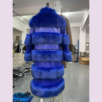 RR2831 Two Ways Wear Long Faux Fur Coats Women Stand Fur Collar Long Sleeve Fake Fox Fur Winter Jackets Women Waist Zipper