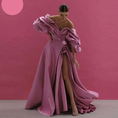 Sansa Sexy Off Shoulder A-line Prom Dresses Side High Split Vestidos De Noche Gorgeous Pink Thick Satin Vestidos De Fiesta