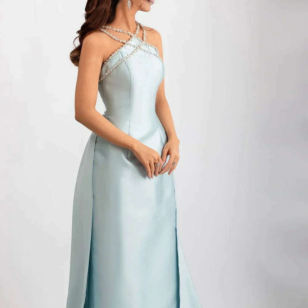 Serene Hill 2025 Customized Blue Satin Halter With Overskirt Mermaid Beaded Evening Dresses Gowns for Formal Occasion BLA72524