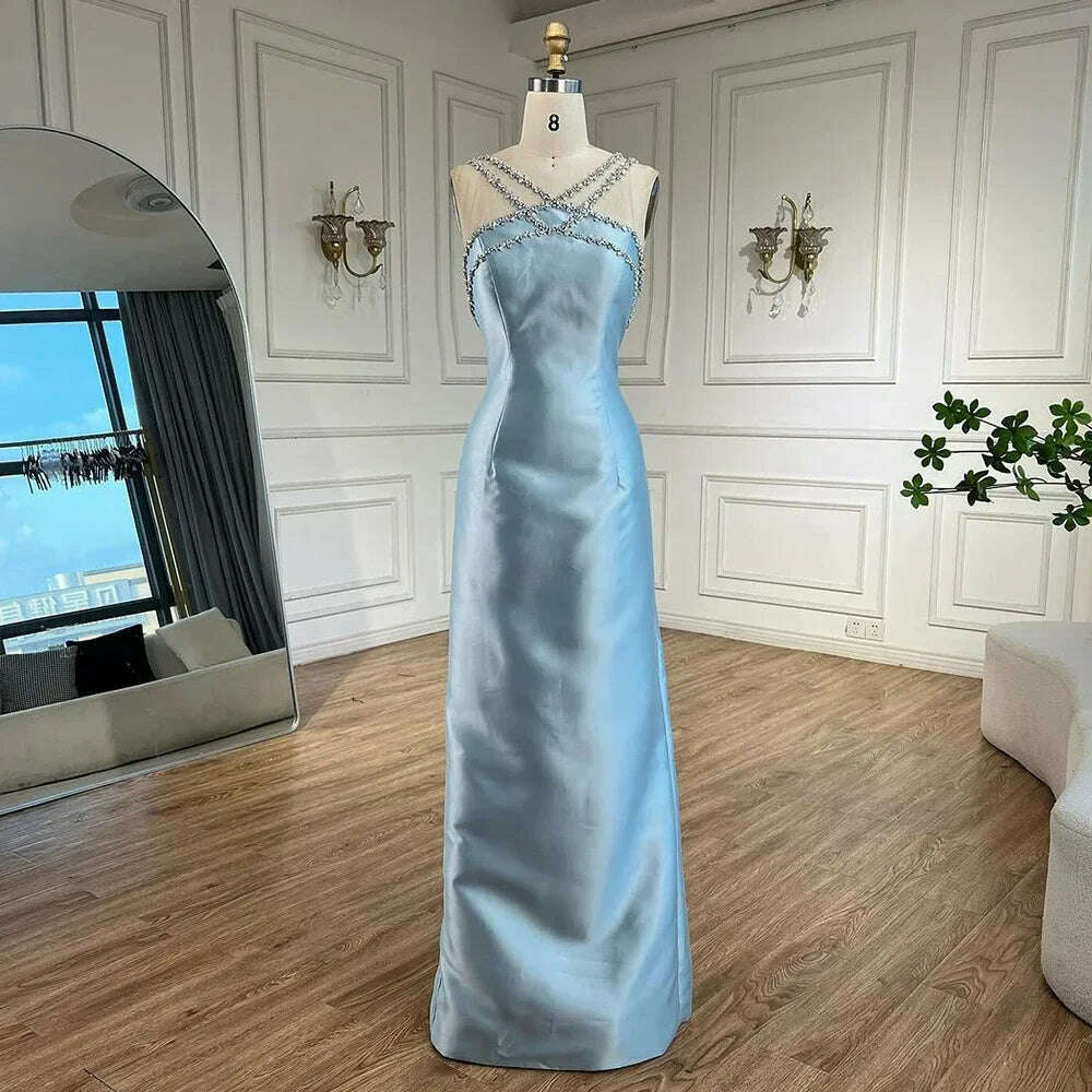 Serene Hill 2025 Customized Blue Satin Halter With Overskirt Mermaid Beaded Evening Dresses Gowns for Formal Occasion BLA72524