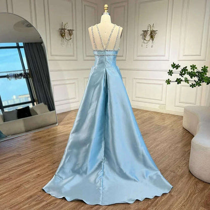 Serene Hill 2025 Customized Blue Satin Halter With Overskirt Mermaid Beaded Evening Dresses Gowns for Formal Occasion BLA72524