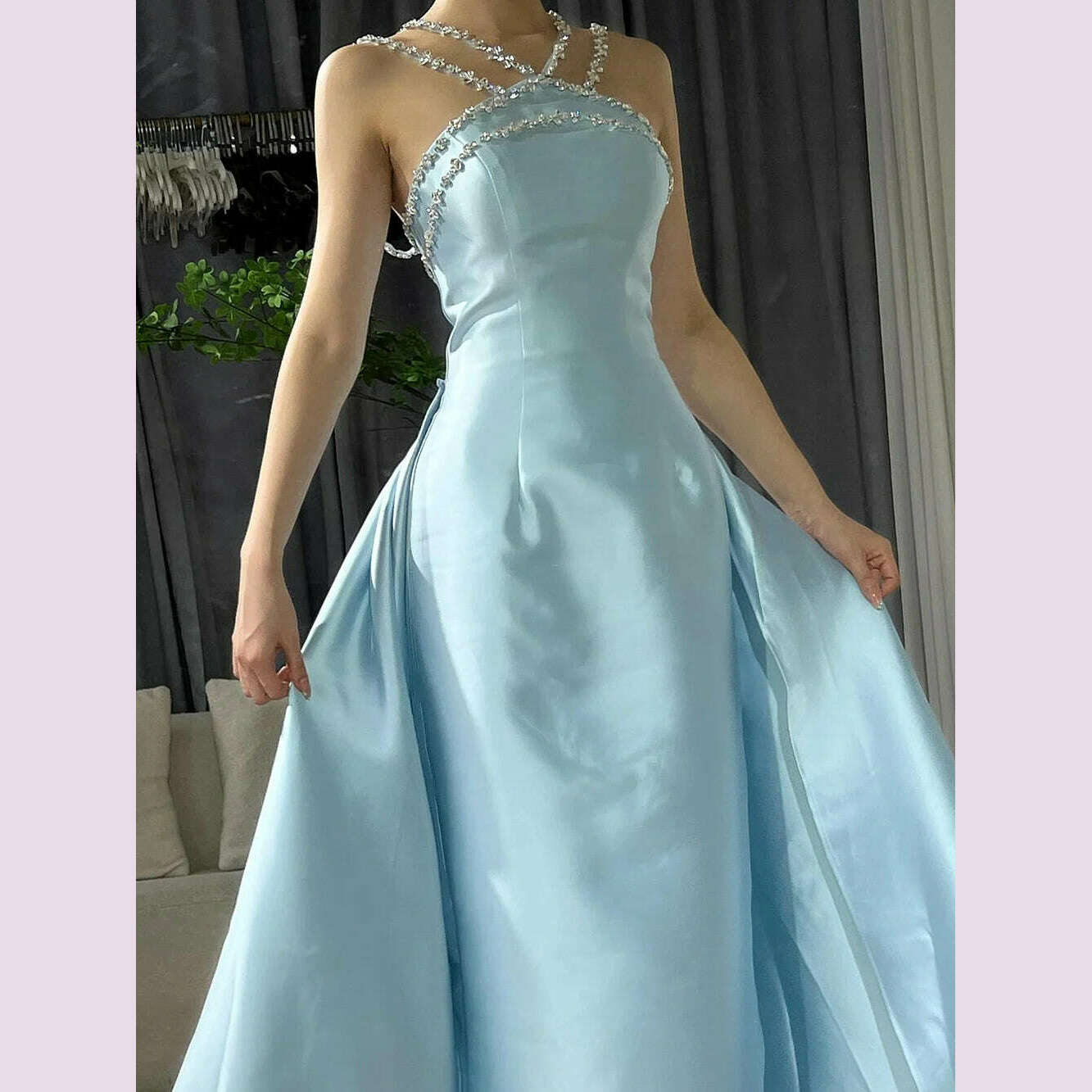 Serene Hill 2025 Customized Blue Satin Halter With Overskirt Mermaid Beaded Evening Dresses Gowns for Formal Occasion BLA72524