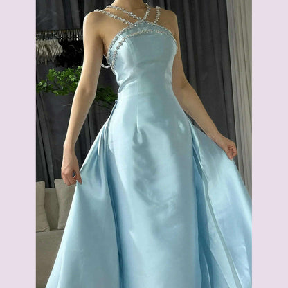 Serene Hill 2025 Customized Blue Satin Halter With Overskirt Mermaid Beaded Evening Dresses Gowns for Formal Occasion BLA72524