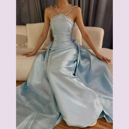 Serene Hill 2025 Customized Blue Satin Halter With Overskirt Mermaid Beaded Evening Dresses Gowns for Formal Occasion BLA72524