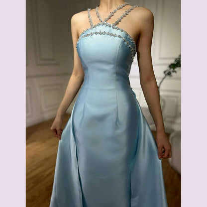 Serene Hill 2025 Customized Blue Satin Halter With Overskirt Mermaid Beaded Evening Dresses Gowns for Formal Occasion BLA72524