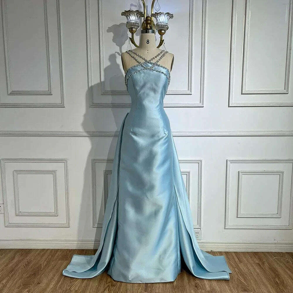 Serene Hill 2025 Customized Blue Satin Halter With Overskirt Mermaid Beaded Evening Dresses Gowns for Formal Occasion BLA72524