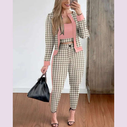 Sets Outifits Women 2024 Spring Autumn 3 Piece Set Plaid Print Crop Top & Pants Set With Coat Fashion Casual Elegant Female Set