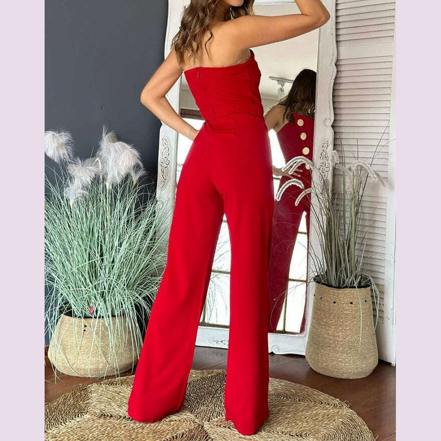 Sexy Asymmetrical Bandeau Strapless Jumpsuit Metal Button Decor Casual Overalls 2025 Woman Long Jumpsuits Elegant