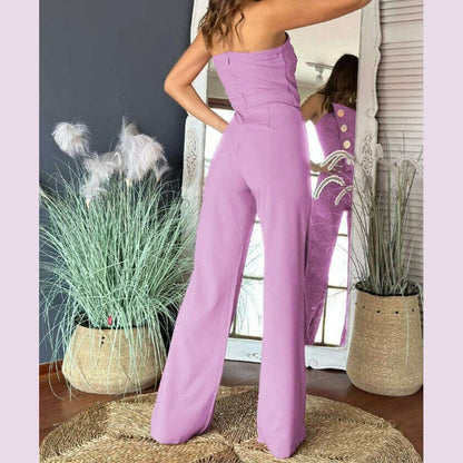 Sexy Asymmetrical Bandeau Strapless Jumpsuit Metal Button Decor Casual Overalls 2025 Woman Long Jumpsuits Elegant