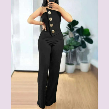 Sexy Asymmetrical Bandeau Strapless Jumpsuit Metal Button Decor Casual Overalls 2025 Woman Long Jumpsuits Elegant