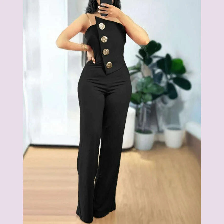 Sexy Asymmetrical Bandeau Strapless Jumpsuit Metal Button Decor Casual Overalls 2025 Woman Long Jumpsuits Elegant