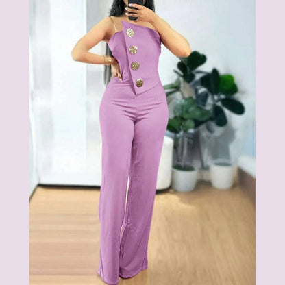 Sexy Asymmetrical Bandeau Strapless Jumpsuit Metal Button Decor Casual Overalls 2025 Woman Long Jumpsuits Elegant