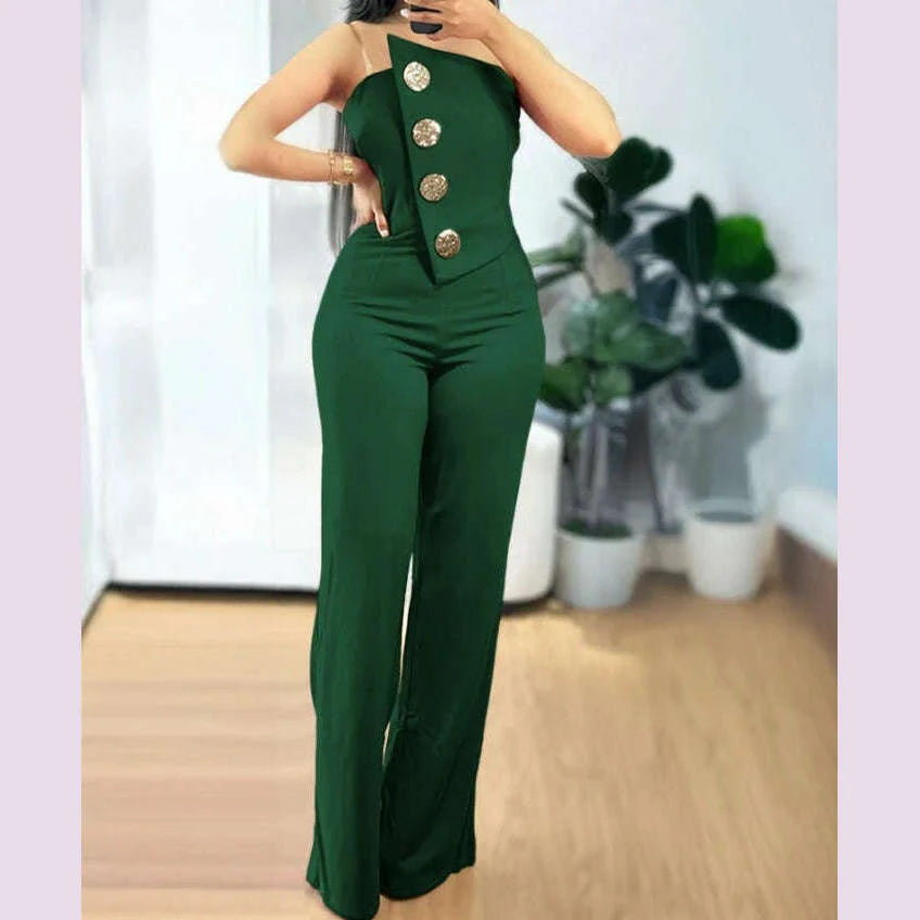 Sexy Asymmetrical Bandeau Strapless Jumpsuit Metal Button Decor Casual Overalls 2025 Woman Long Jumpsuits Elegant