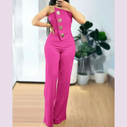 Sexy Asymmetrical Bandeau Strapless Jumpsuit Metal Button Decor Casual Overalls 2025 Woman Long Jumpsuits Elegant
