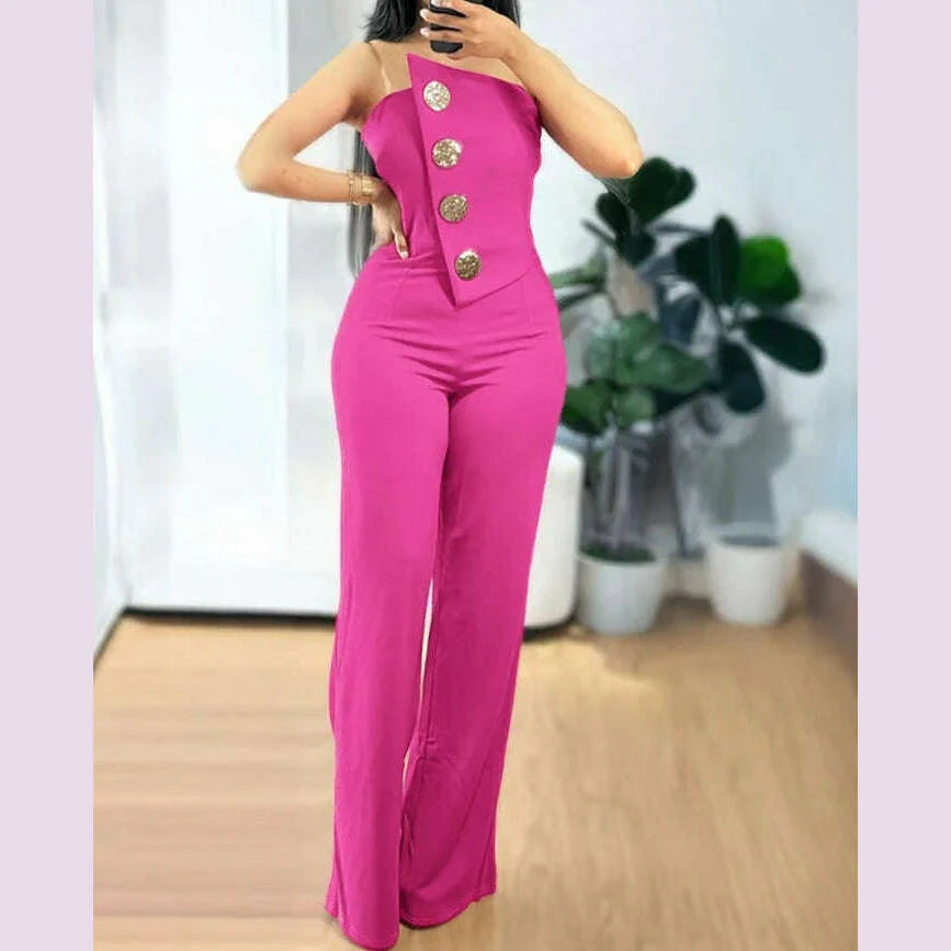 Sexy Asymmetrical Bandeau Strapless Jumpsuit Metal Button Decor Casual Overalls 2025 Woman Long Jumpsuits Elegant
