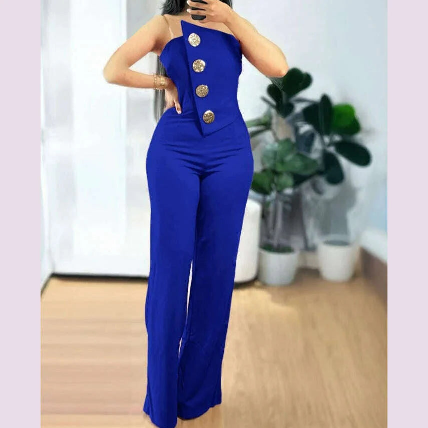 Sexy Asymmetrical Bandeau Strapless Jumpsuit Metal Button Decor Casual Overalls 2025 Woman Long Jumpsuits Elegant